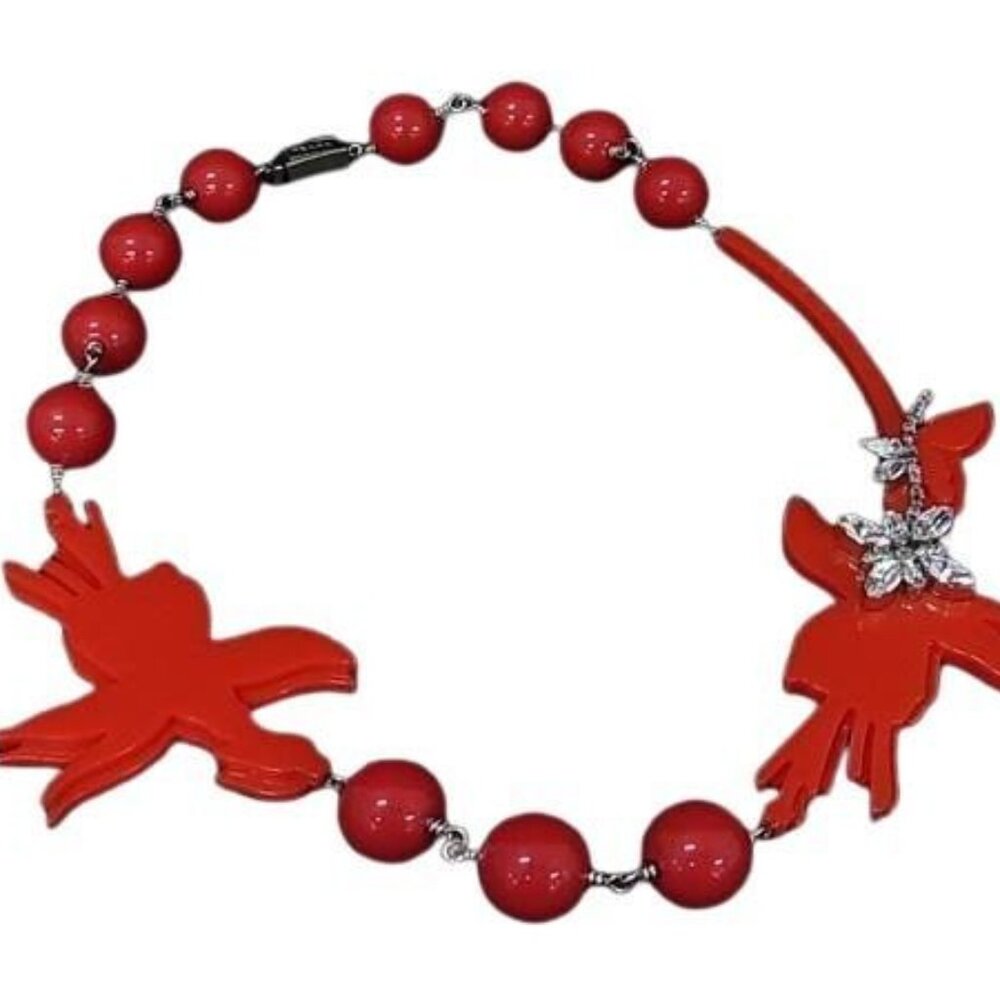 Prada Necklace Red Silver Plex Crystal Bird Tri Flower Hana - Picture 1 of 5